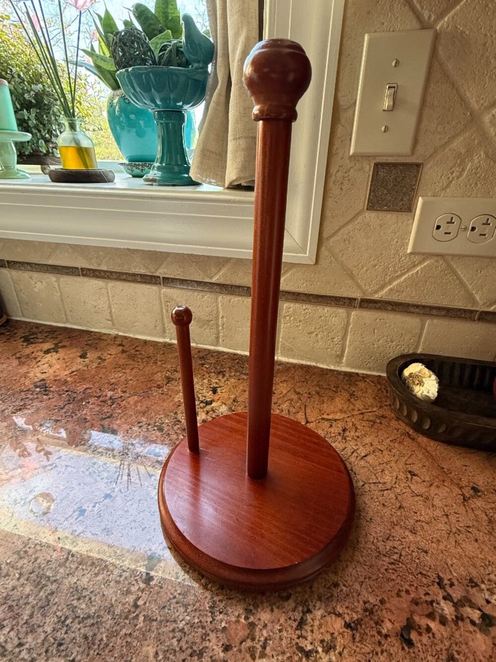 Farmhouse Cherry Brown Wood Paper Towel Holder for Kitchen Countertop